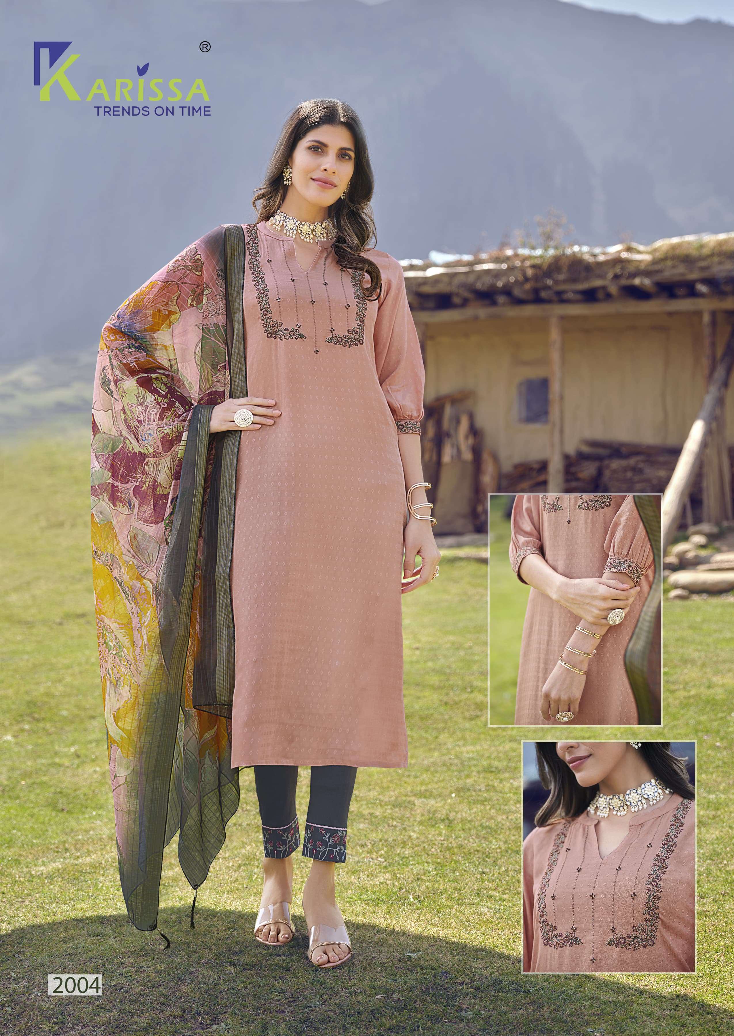 HAZEL LIVA TAG VISCOSE  THREAD HANDWORK KURTI WITH RAYON SLUB LYCRA PANT AND DIGITAL JACQUARD DUPATTA BY KARISSA BRAND 1004
